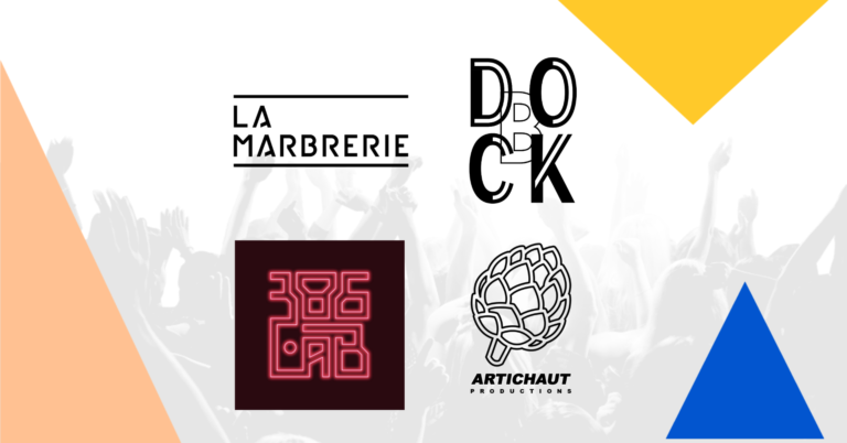 Logos des quatres nouvelles structures adhérentes du Réseau MAP : La Marbrerie, Dock B, 386 LAB., Artichaut Productions