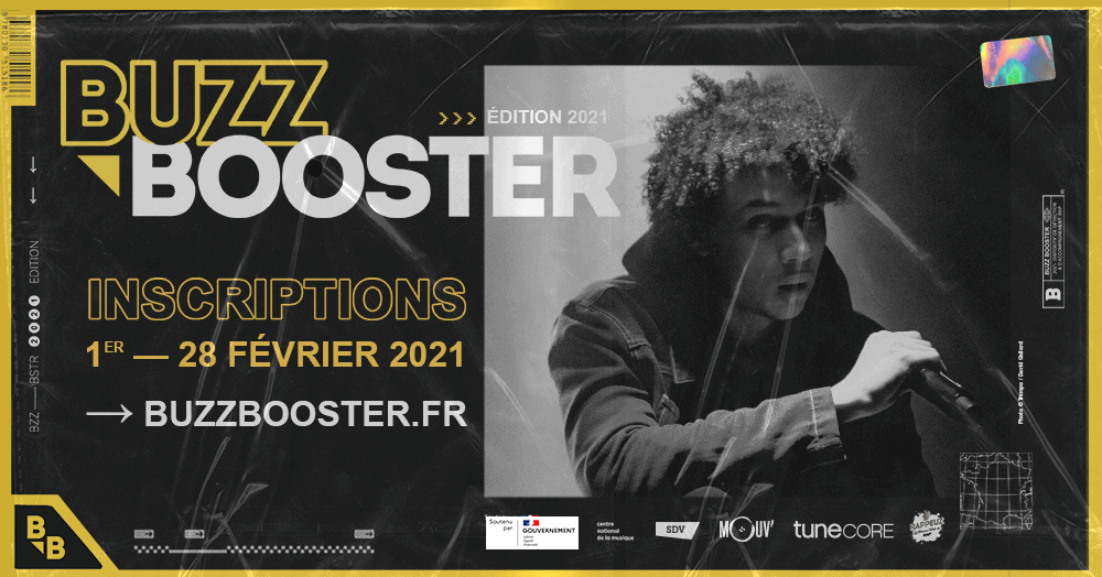Visuel annonçant l'appel à candidatures pour l'édition 2021 du Buzz Booster, dispositif de détection et de diffusion de la scène musicale rap