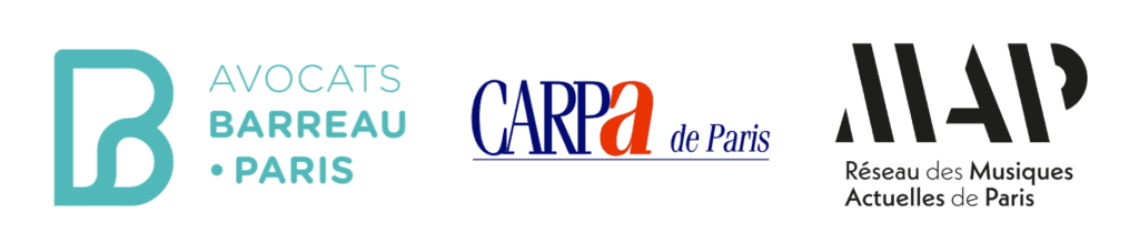 Logos des structures organisatrices de la convention Culture et Droit : le Barreau de Paris et la CARPA, en collaboration avec le Réseau MAP. 